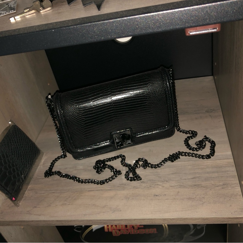 Victoria’s Secret Black Faux Snake Skin Crossbody Shoulder Bag Purse Gun Metal